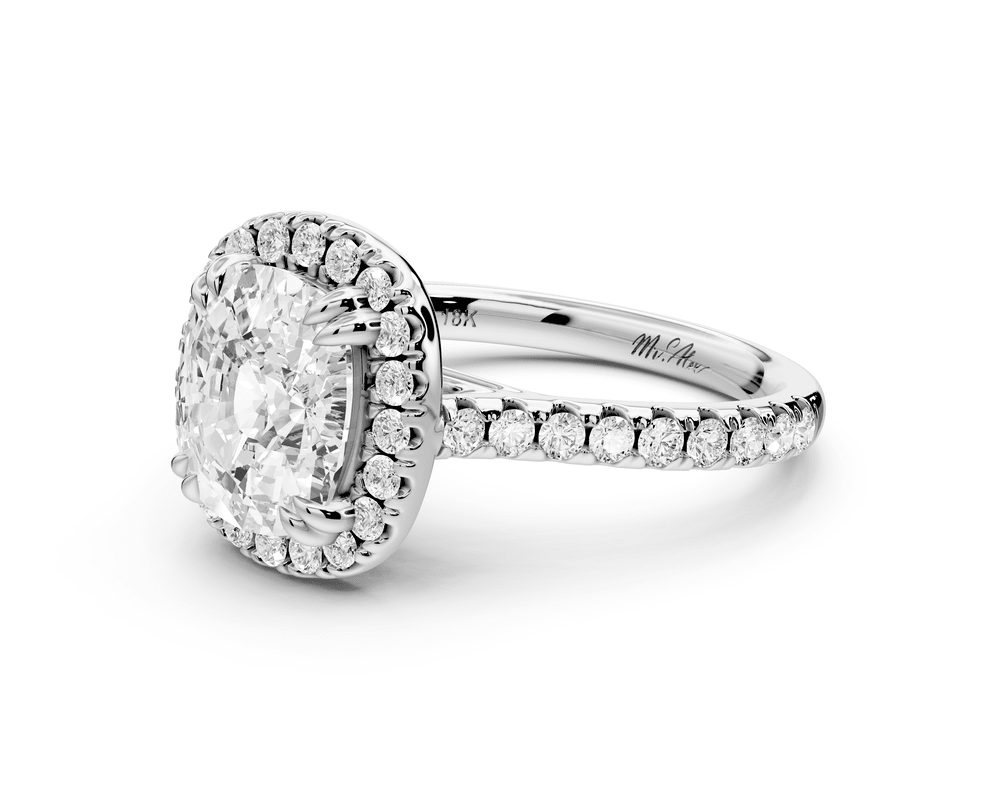 Marcella - 3ct 18k white gold ecushion halo double talon prong cathedral pavé engagement ring - Mr. Alex Jewelry