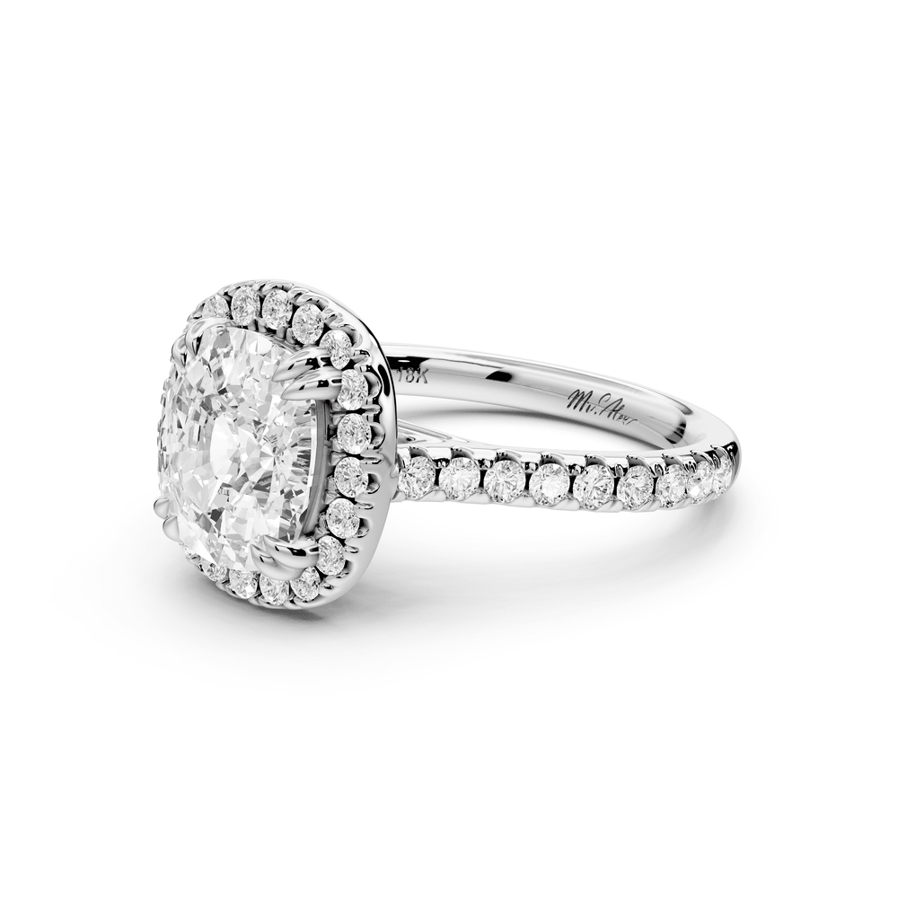 Marcella - 3ct 18k white gold ecushion halo double talon prong cathedral pavé engagement ring - Mr. Alex Jewelry