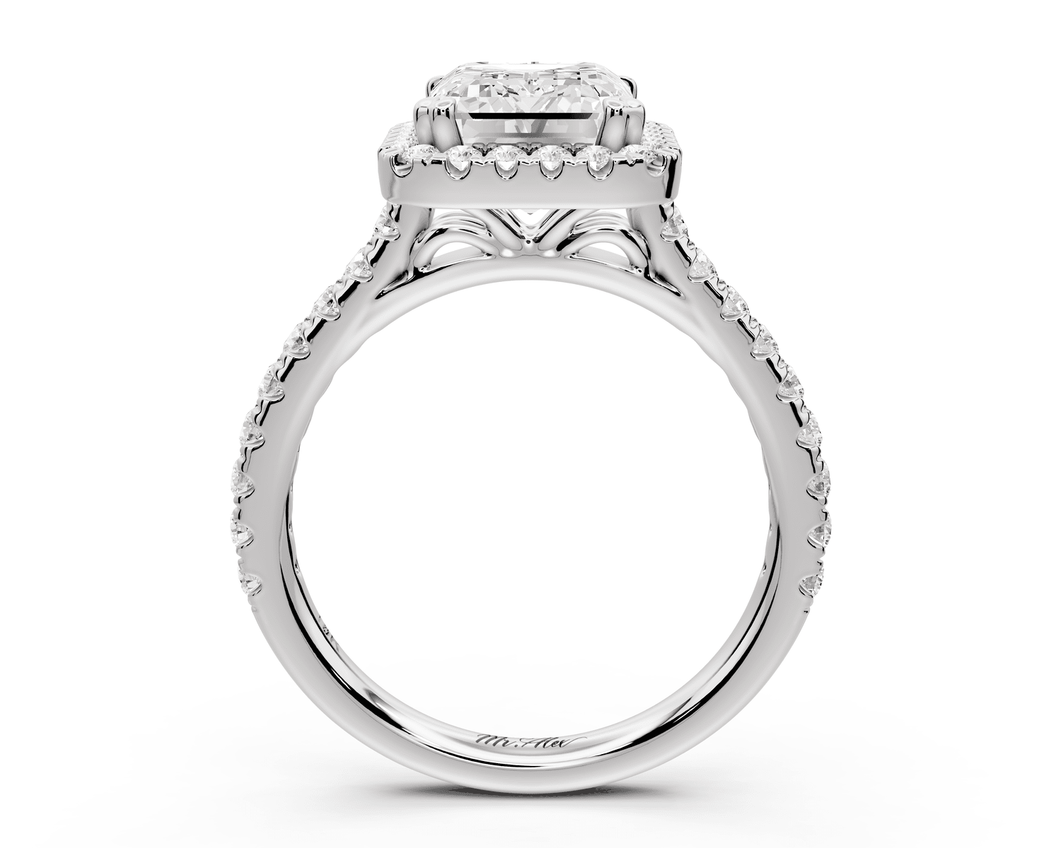 Marcella - 3ct 18k white gold emerald halo double talon prong cathedral pavé engagament ring - Mr. Alex Jewelry