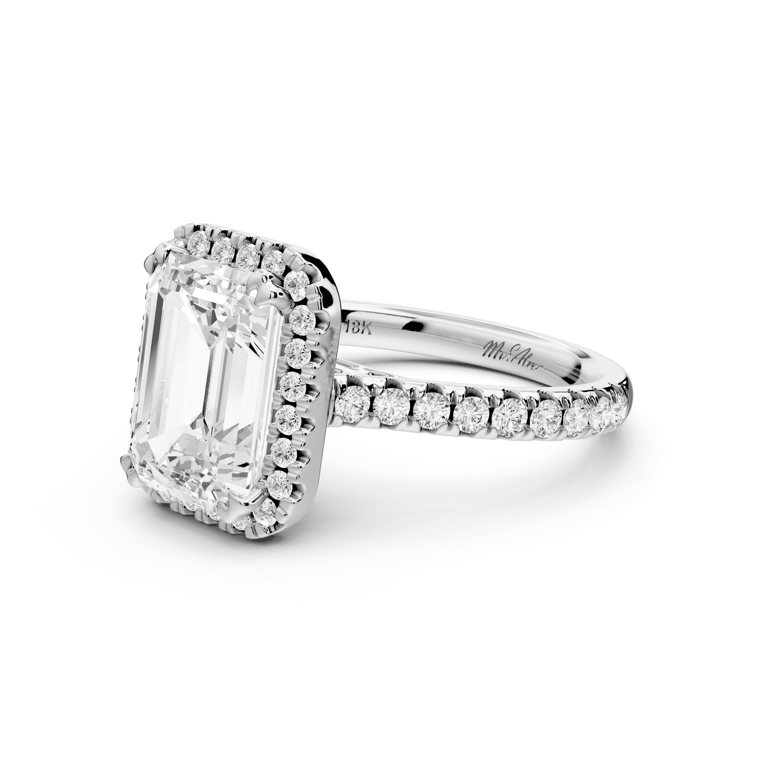 Marcella - 3ct 18k white gold emerald halo double talon prong cathedral pavé engagament ring - Mr. Alex Jewelry