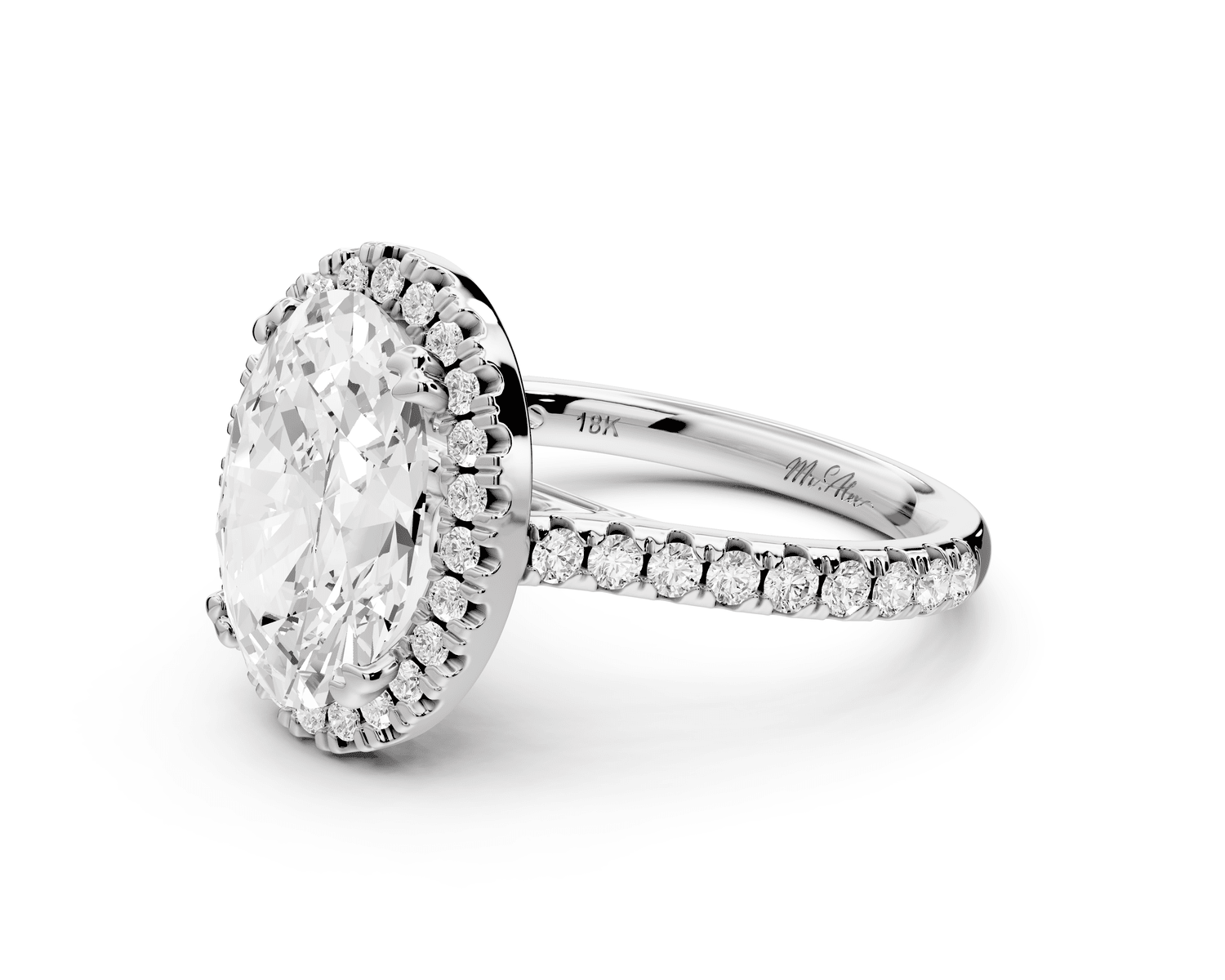 Marcella - 3ct 18k white gold oval halo double talon prong cathedral pavé engagament ring - Mr. Alex Jewelry