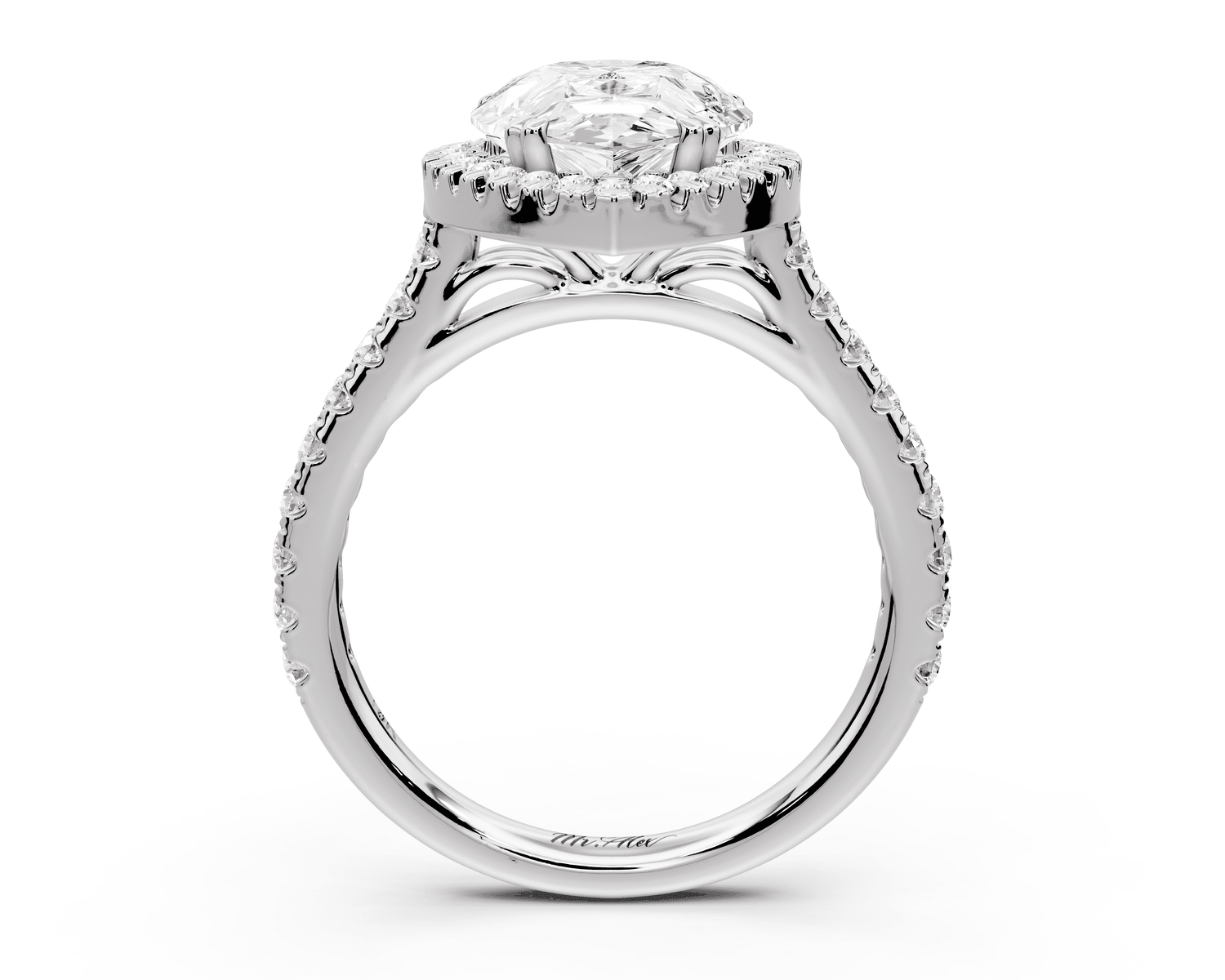 Marcella - 3ct 18k white gold pear halo double talon prong cathedral pavé engagament ring - Mr. Alex Jewelry