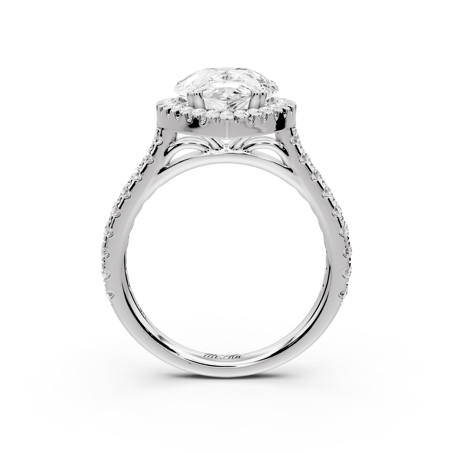 Marcella - 3ct 18k white gold pear halo double talon prong cathedral pavé engagament ring - Mr. Alex Jewelry