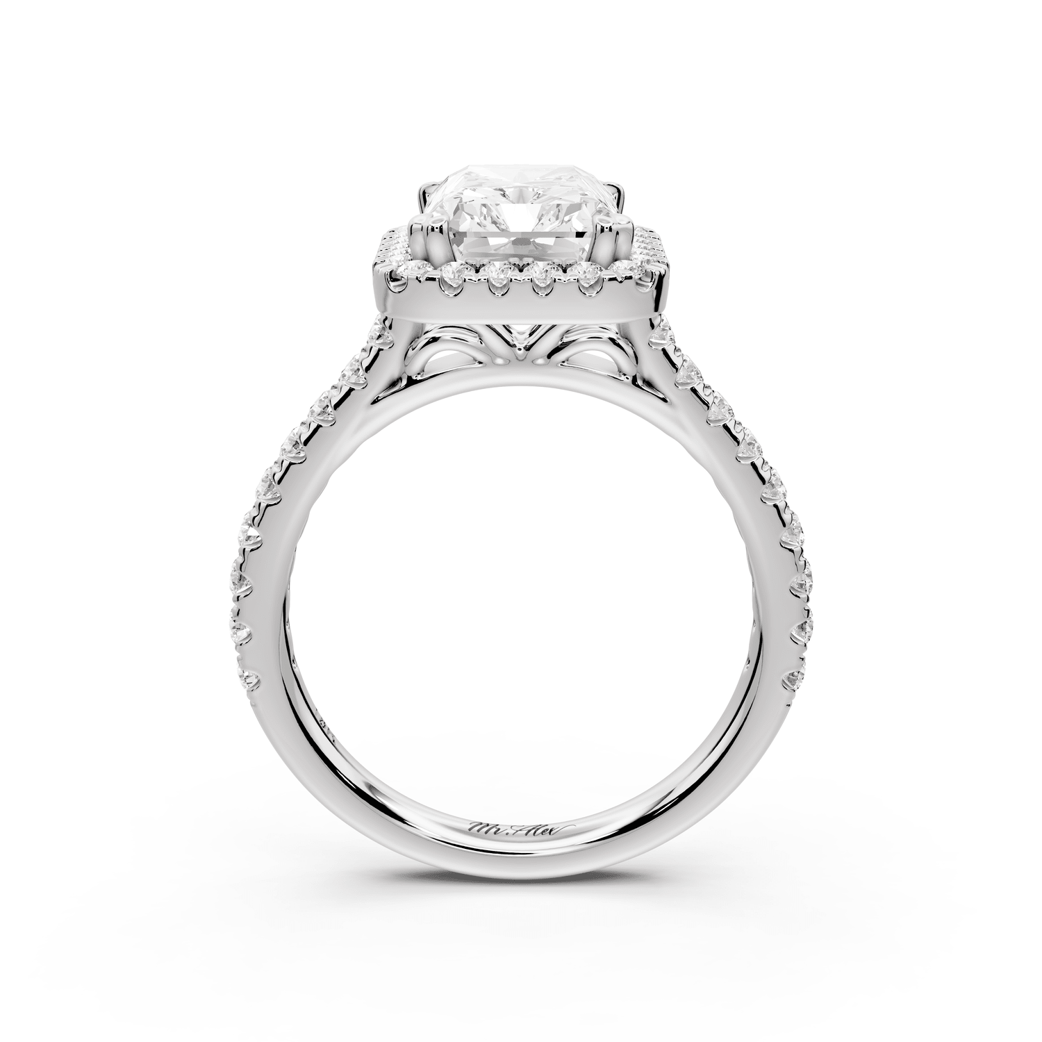 Marcella - 3ct 18k white gold radiant halo double talon prong cathedral pavé engagement ring - Mr. Alex Jewelry