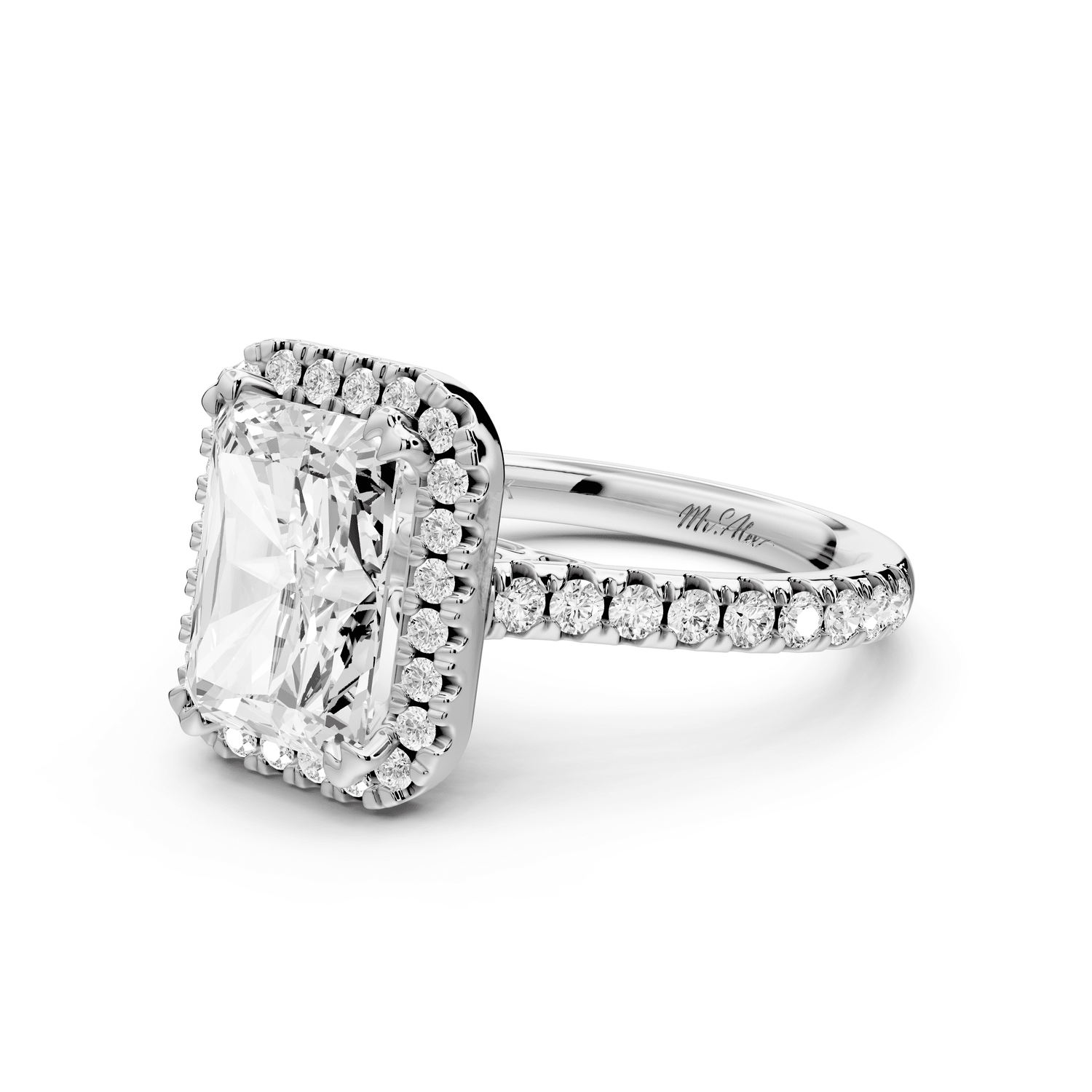 Marcella - 3ct 18k white gold radiant halo double talon prong cathedral pavé engagement ring - Mr. Alex Jewelry