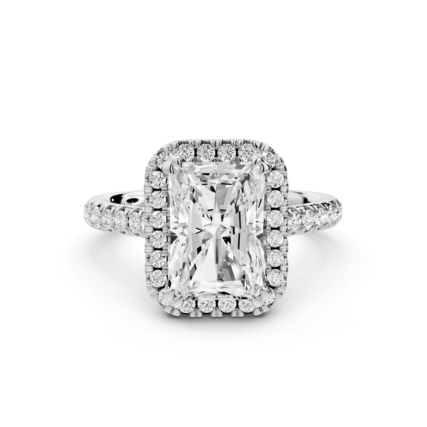 Marcella - 3ct 18k white gold radiant halo double talon prong cathedral pavé engagement ring - Mr. Alex Jewelry