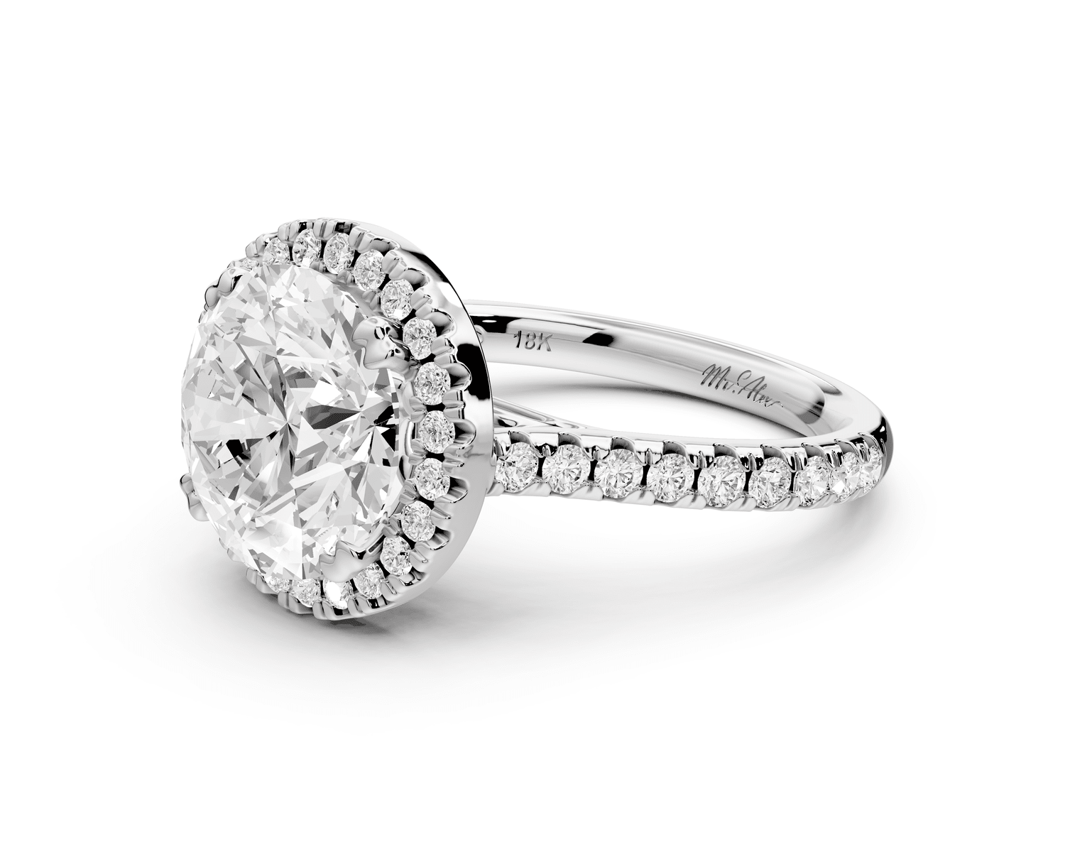 Marcella - 3ct 18k white gold round halo double talon prong cathedral pavé engagement ring - Mr. Alex Jewelry
