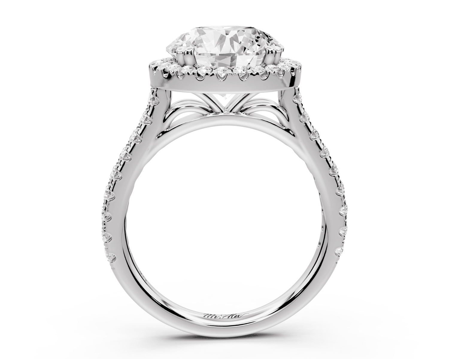 Marcella - 3ct 18k white gold round halo double talon prong cathedral pavé engagement ring - Mr. Alex Jewelry