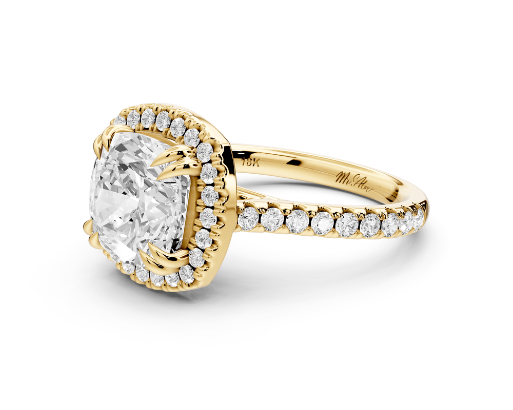 Marcella - 3ct 18k yellow gold cushion halo double talon prong cathedral pavé engagement ring - Mr. Alex Jewelry