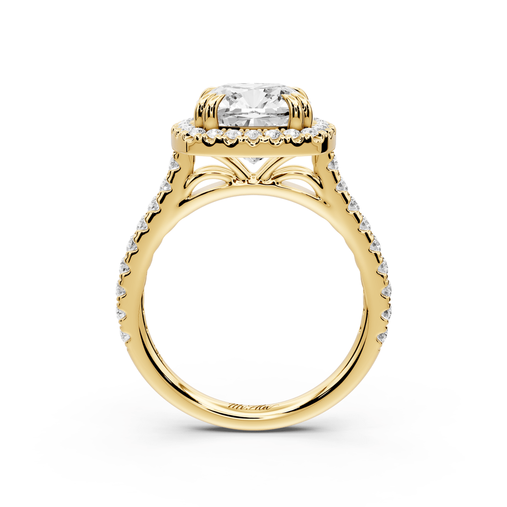 Marcella - 3ct 18k yellow gold cushion halo double talon prong cathedral pavé engagement ring - Mr. Alex Jewelry