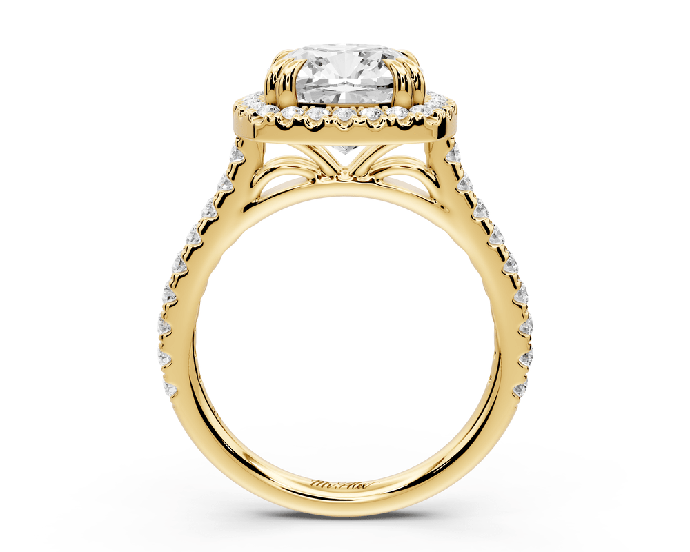 Marcella - 3ct 18k yellow gold cushion halo double talon prong cathedral pavé engagement ring - Mr. Alex Jewelry
