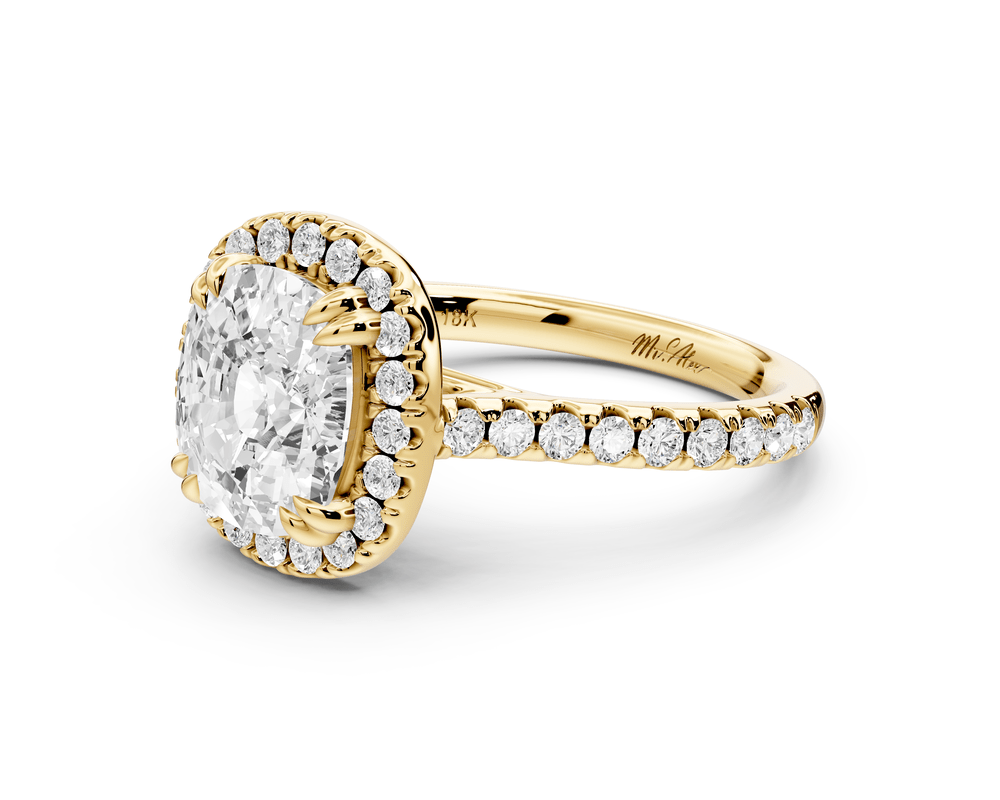 Marcella - 3ct 18k yellow gold ecushion halo double talon prong cathedral pavé engagement ring - Mr. Alex Jewelry