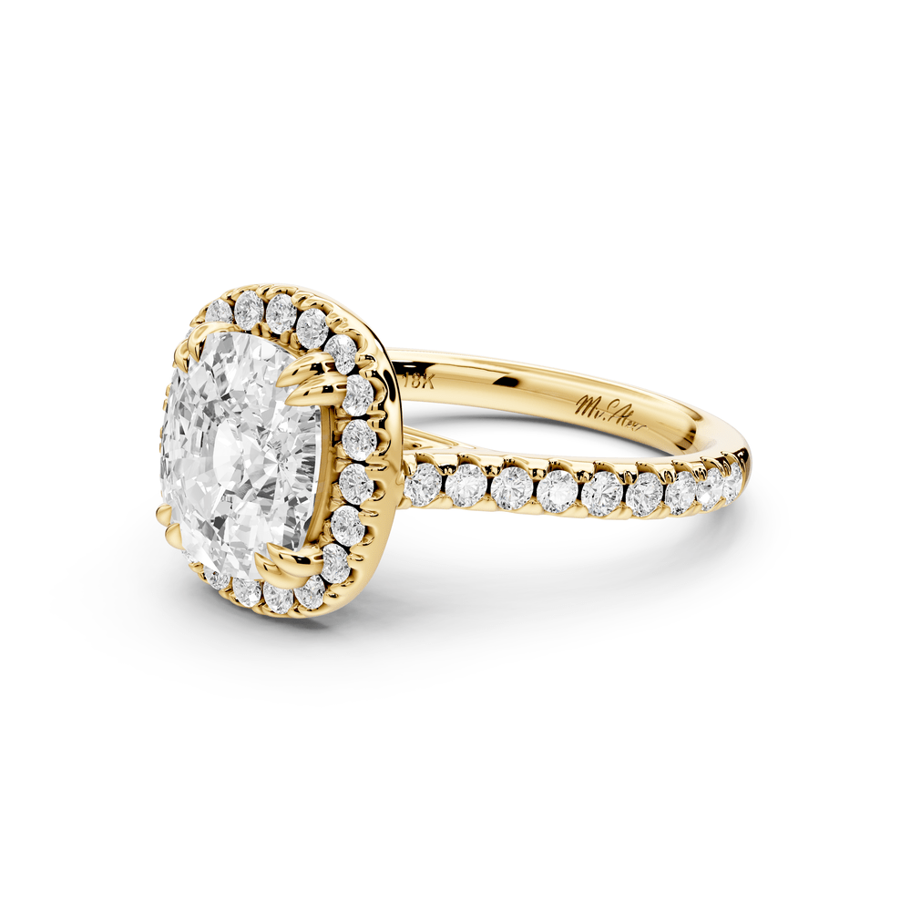 Marcella - 3ct 18k yellow gold ecushion halo double talon prong cathedral pavé engagement ring - Mr. Alex Jewelry