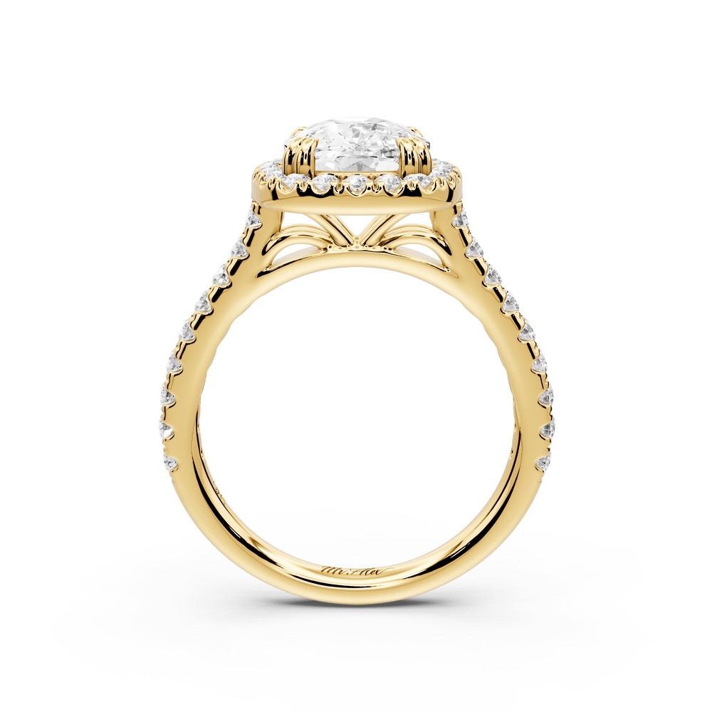 Marcella - 3ct 18k yellow gold ecushion halo double talon prong cathedral pavé engagement ring - Mr. Alex Jewelry