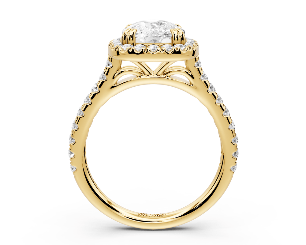 Marcella - 3ct 18k yellow gold ecushion halo double talon prong cathedral pavé engagement ring - Mr. Alex Jewelry