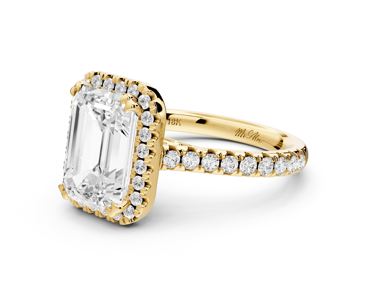 Marcella - 3ct 18k yellow gold emerald halo double talon prong cathedral pavé engagament ring - Mr. Alex Jewelry