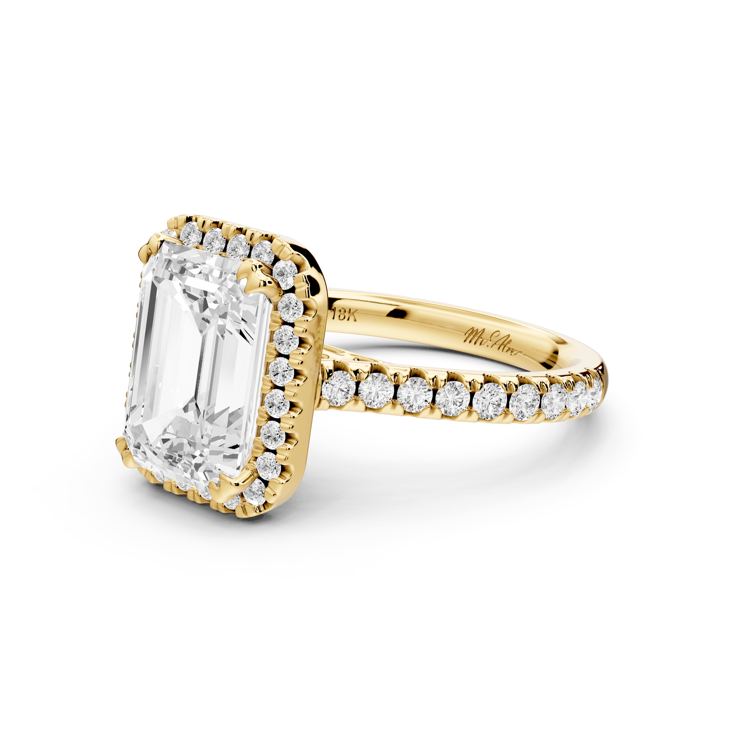 Marcella - 3ct 18k yellow gold emerald halo double talon prong cathedral pavé engagament ring - Mr. Alex Jewelry