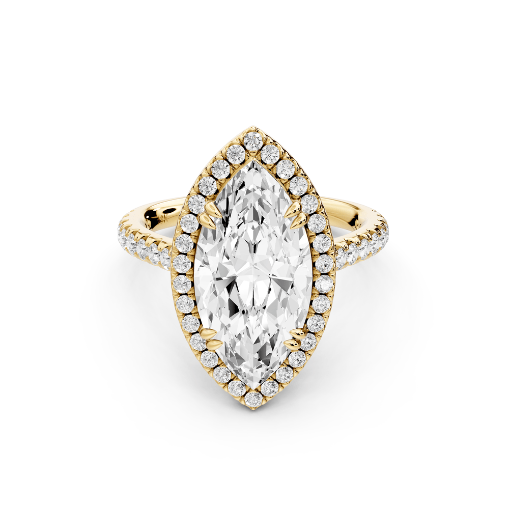 Marcella - 3ct 18k yellow gold marquise halo double talon prong cathedral pavé engagement ring - Mr. Alex Jewelry