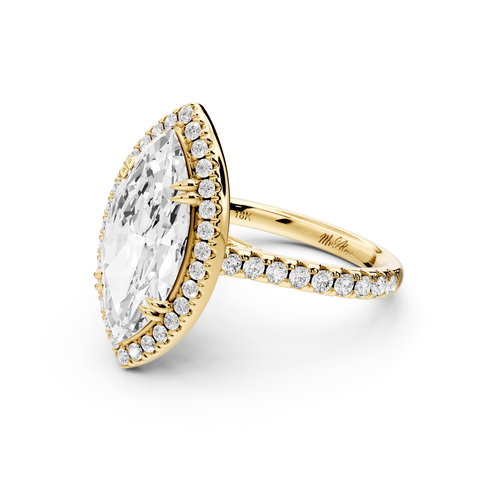 Marcella - 3ct 18k yellow gold marquise halo double talon prong cathedral pavé engagement ring - Mr. Alex Jewelry