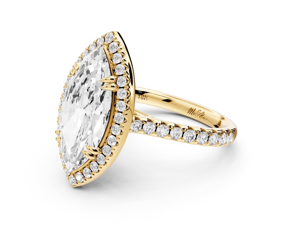 Marcella - 3ct 18k yellow gold marquise halo double talon prong cathedral pavé engagement ring - Mr. Alex Jewelry