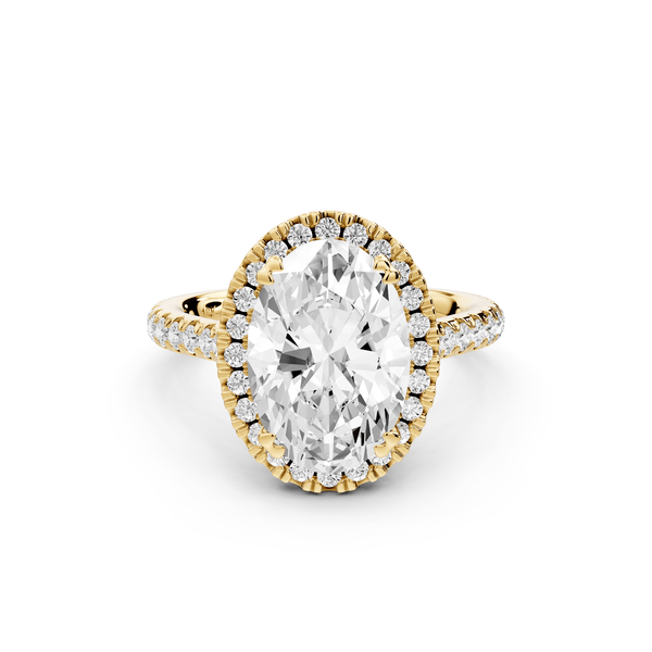 Marcella - 3ct 18k yellow gold oval halo double talon prong cathedral pavé engagament ring - Mr. Alex Jewelry