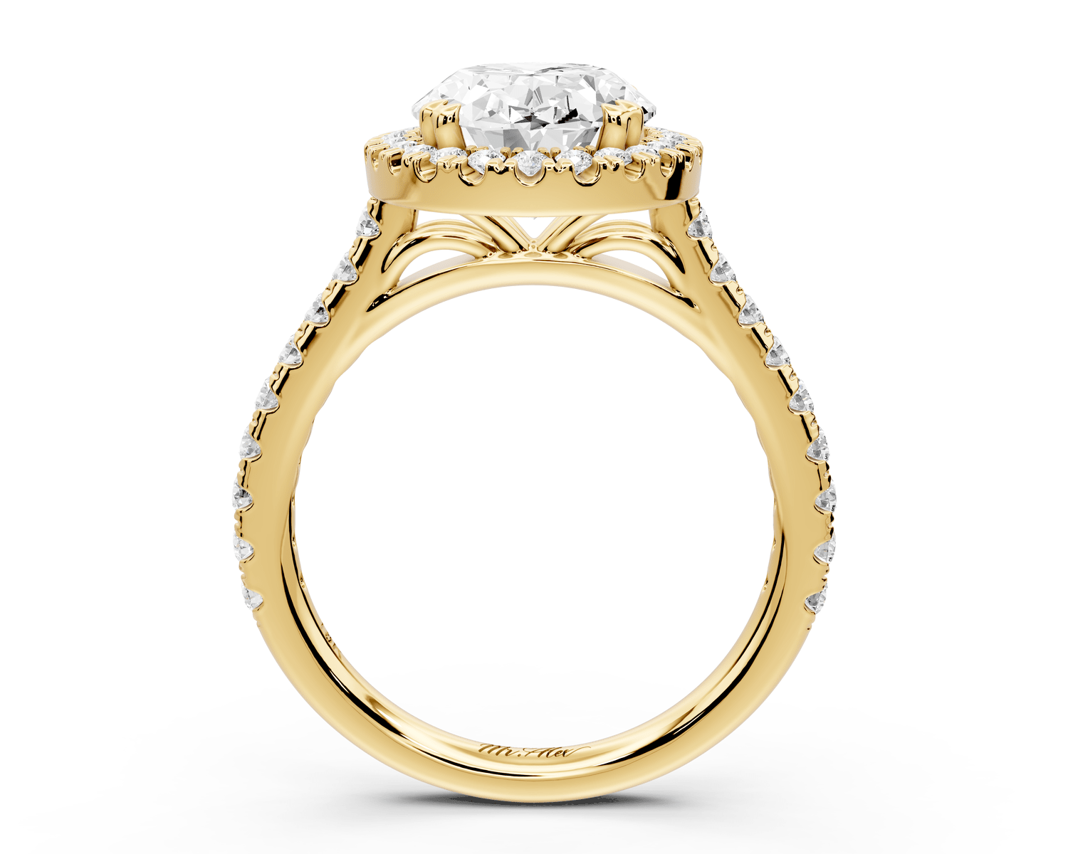 Marcella - 3ct 18k yellow gold oval halo double talon prong cathedral pavé engagament ring - Mr. Alex Jewelry