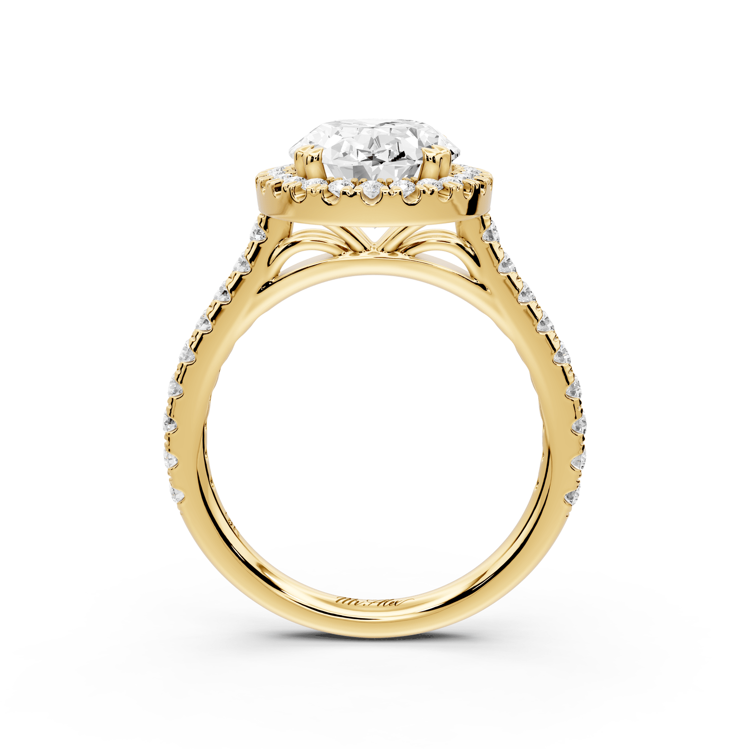 Marcella - 3ct 18k yellow gold oval halo double talon prong cathedral pavé engagament ring - Mr. Alex Jewelry