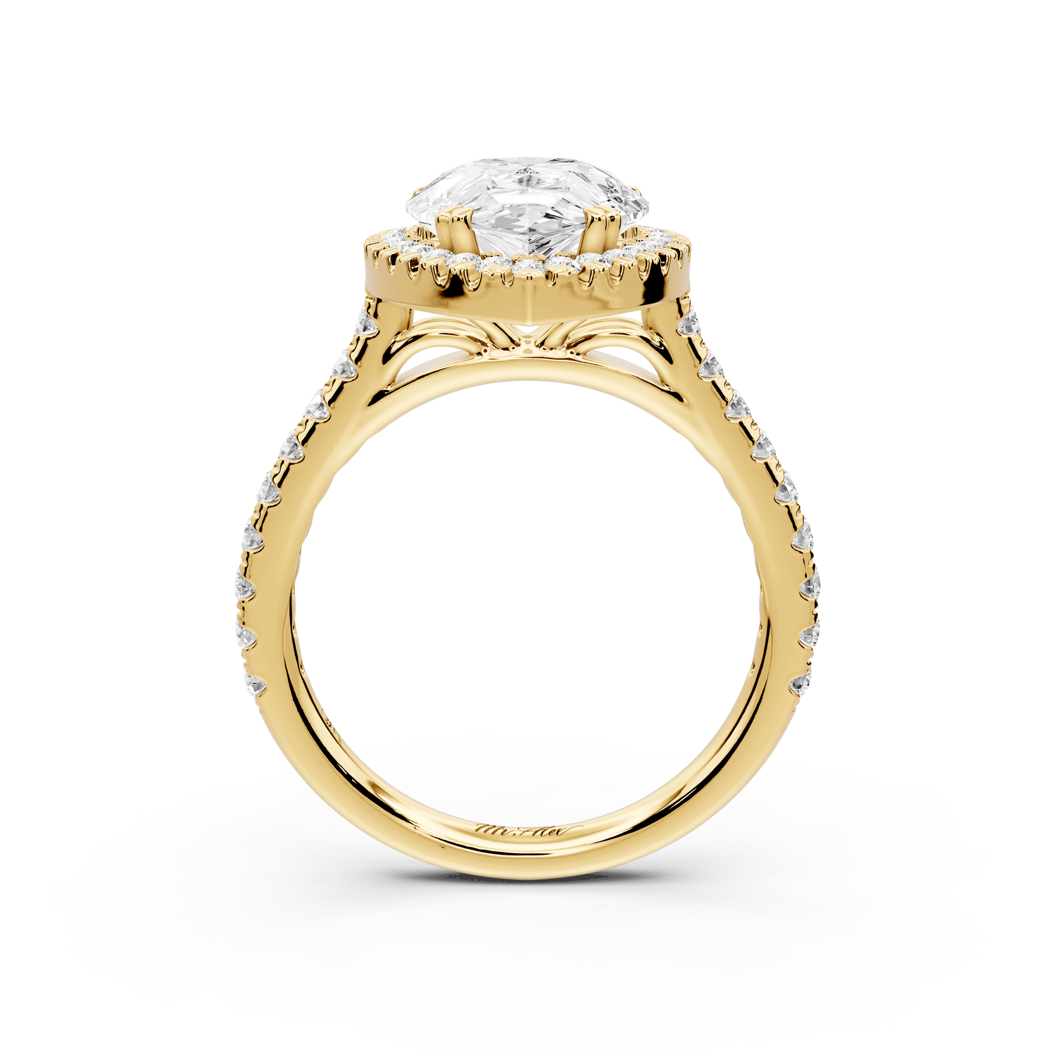 Marcella - 3ct 18k yellow gold pear halo double talon prong cathedral pavé engagament ring - Mr. Alex Jewelry