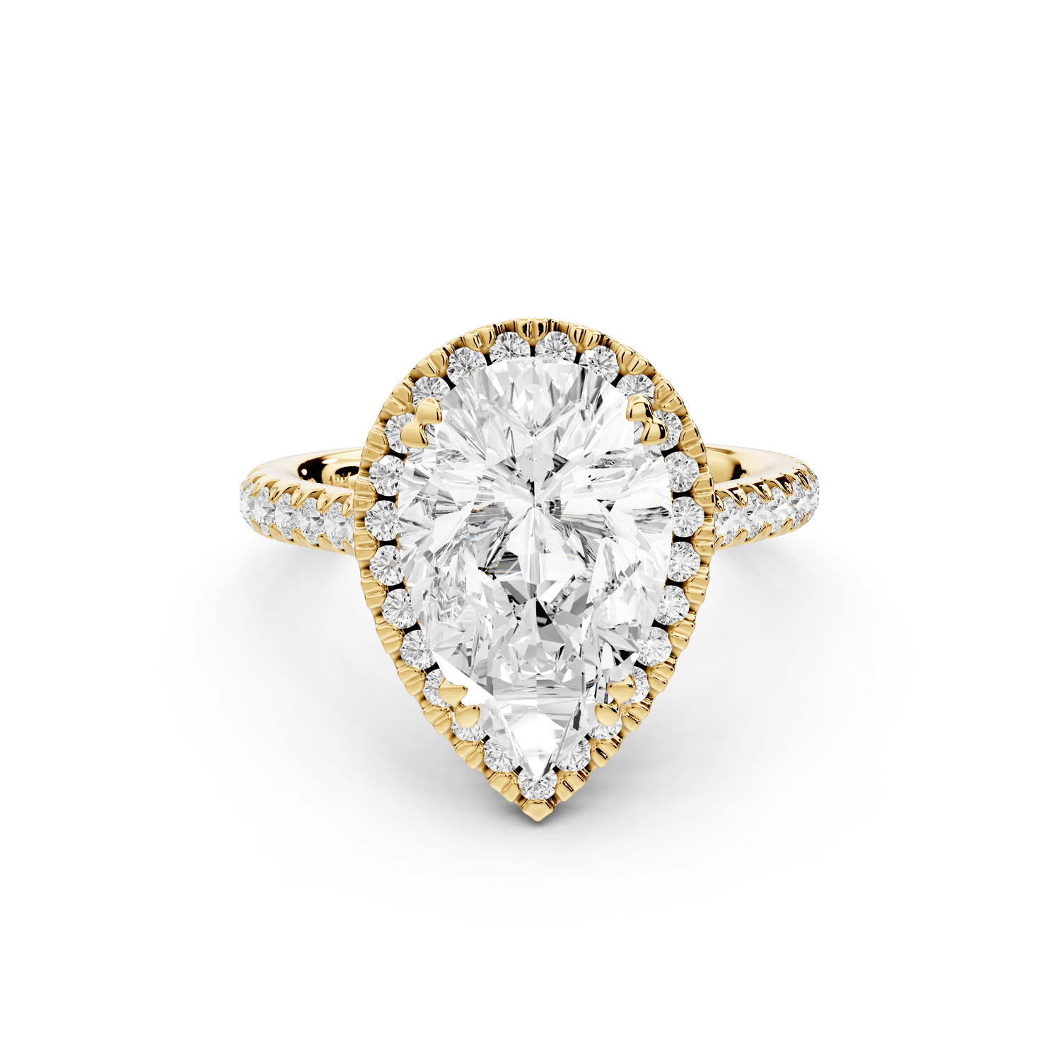 Marcella - 3ct 18k yellow gold pear halo double talon prong cathedral pavé engagament ring - Mr. Alex Jewelry