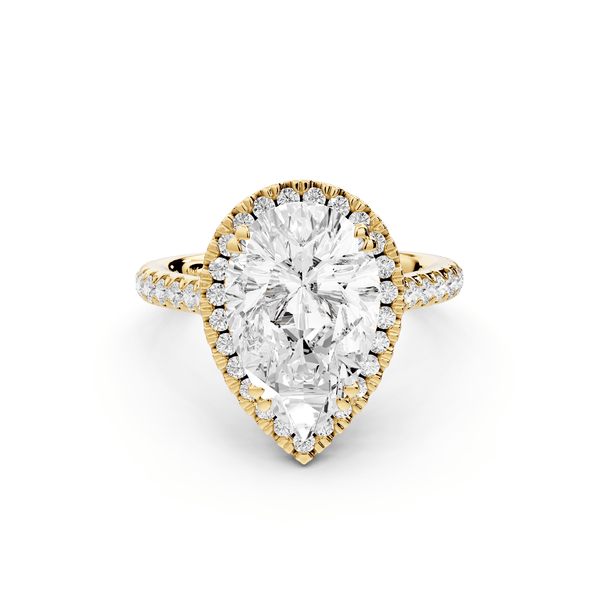 Marcella - 3ct 18k yellow gold pear halo double talon prong cathedral pavé engagament ring - Mr. Alex Jewelry
