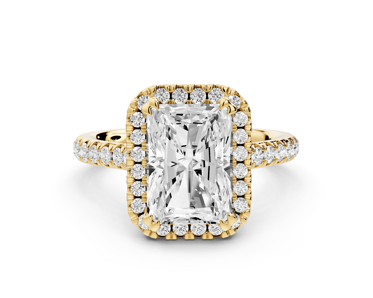 Marcella - 3ct 18k yellow gold radiant halo double talon prong cathedral pavé engagement ring - Mr. Alex Jewelry