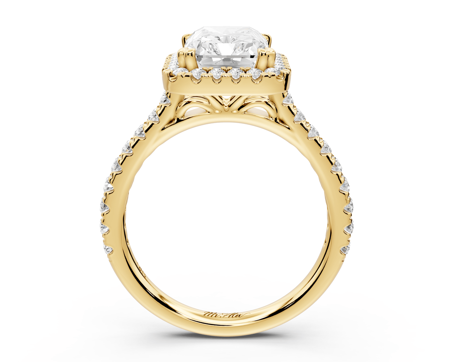 Marcella - 3ct 18k yellow gold radiant halo double talon prong cathedral pavé engagement ring - Mr. Alex Jewelry