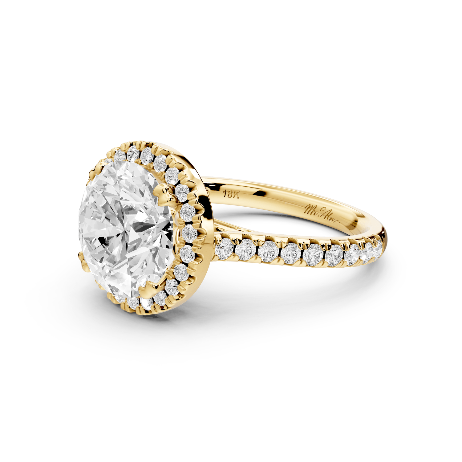 Marcella - 3ct 18k yellow gold round halo double talon prong cathedral pavé engagement ring - Mr. Alex Jewelry