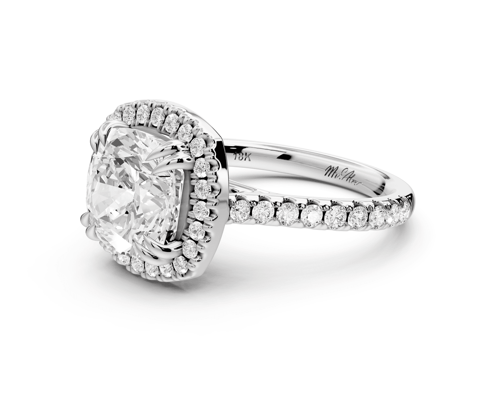 Marcella - 3ct platinum cushion halo double talon prong cathedral pavé engagement ring - Mr. Alex Jewelry