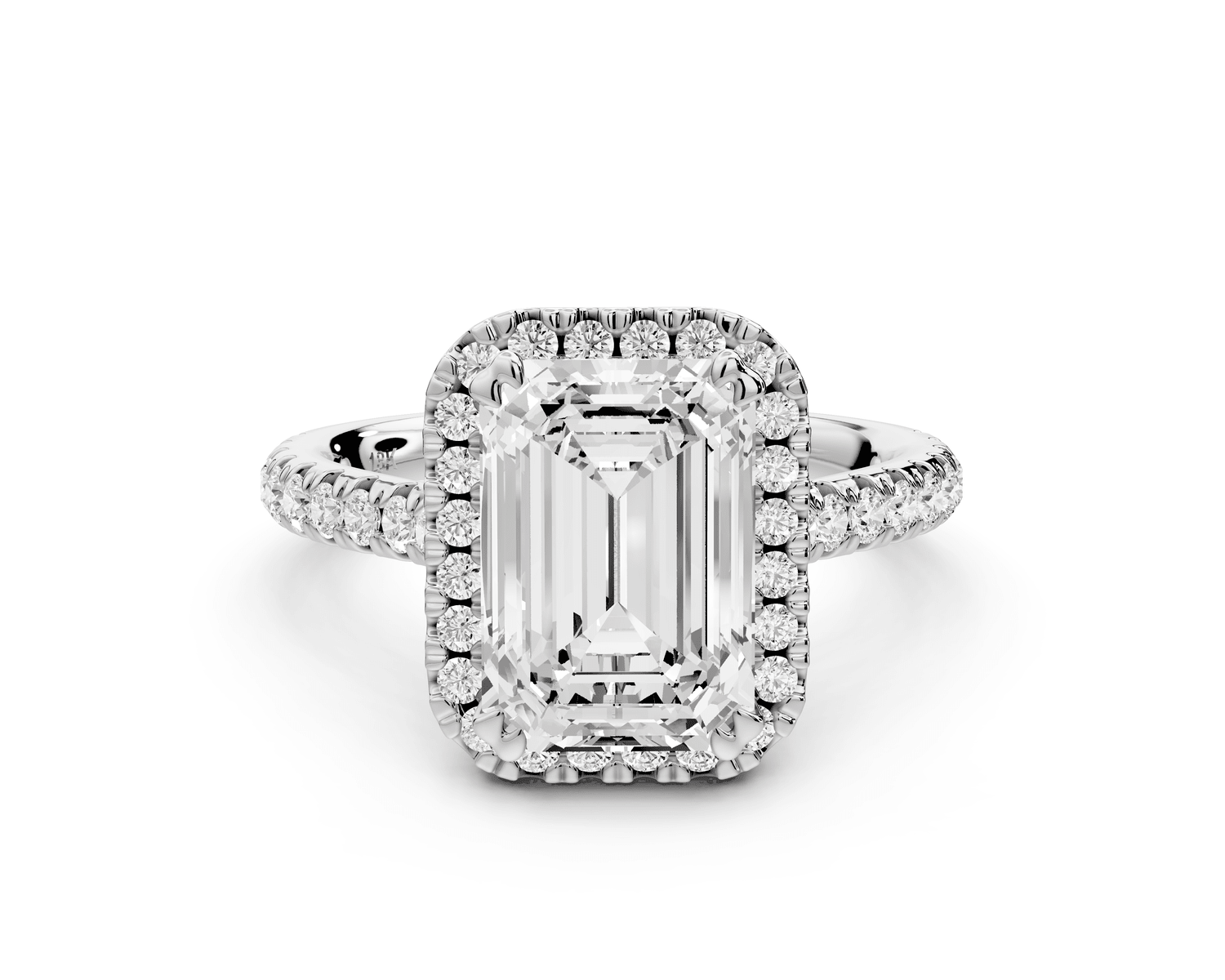 Marcella - 3ct platinum emerald halo double talon prong cathedral pavé engagament ring - Mr. Alex Jewelry