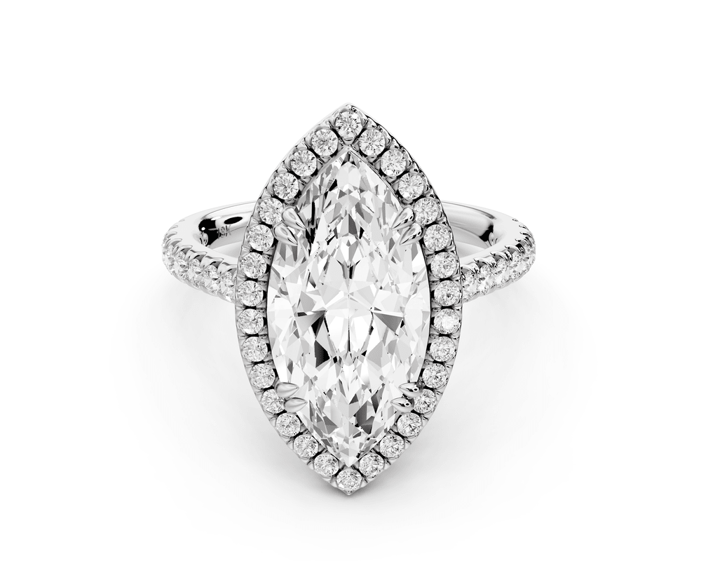 Marcella - 3ct platinum marquise halo double talon prong cathedral pavé engagement ring - Mr. Alex Jewelry