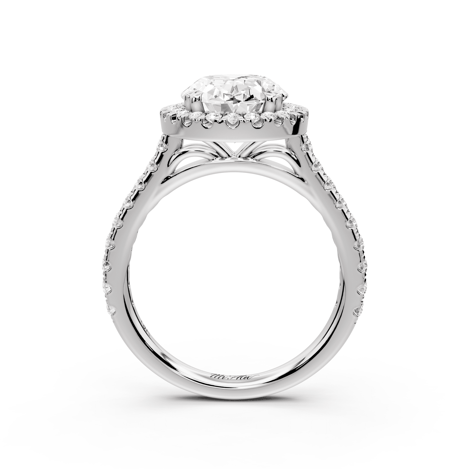 Marcella - 3ct platinum oval halo double talon prong cathedral pavé engagament ring - Mr. Alex Jewelry