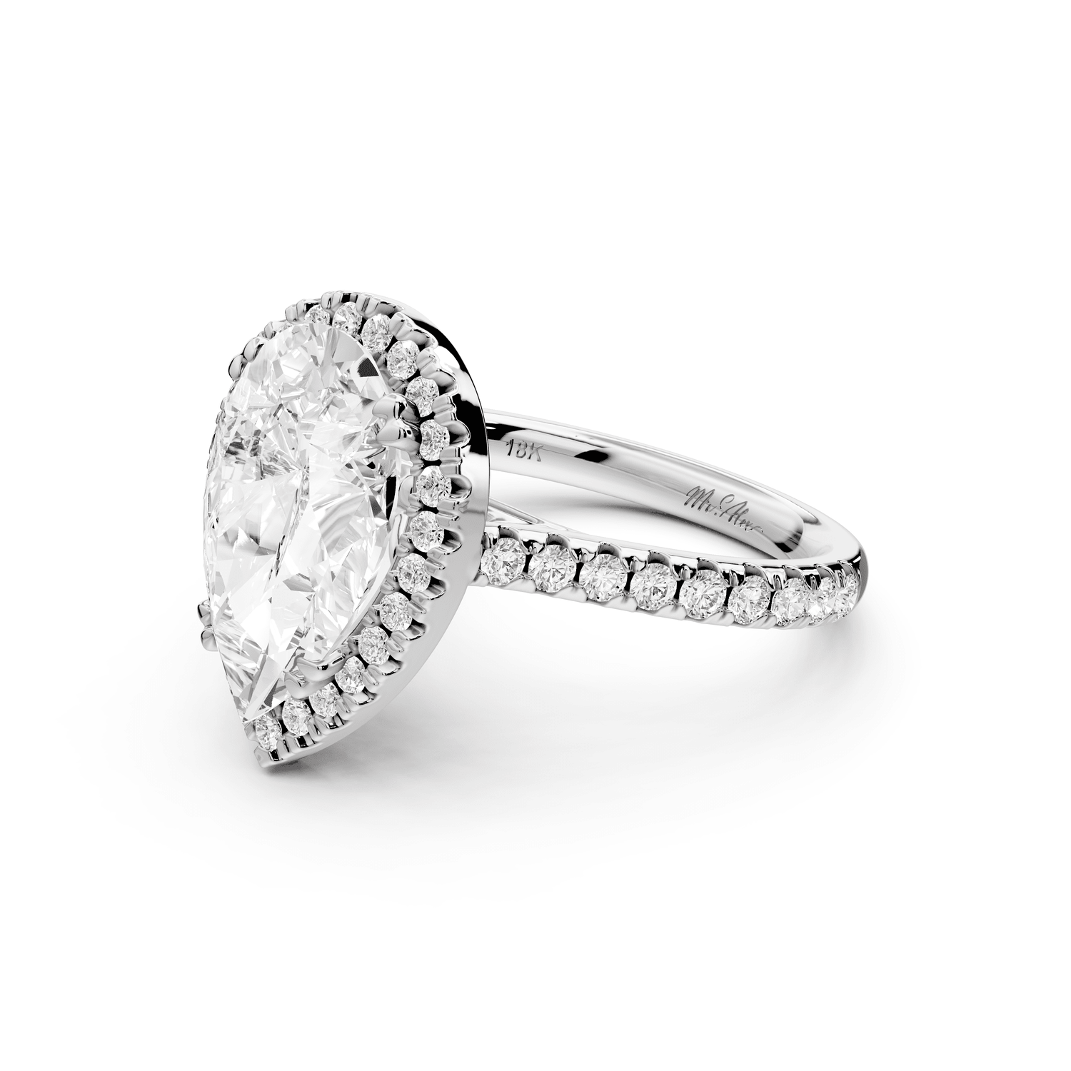 Marcella - 3ct platinum pear halo double talon prong cathedral pavé engagament ring - Mr. Alex Jewelry