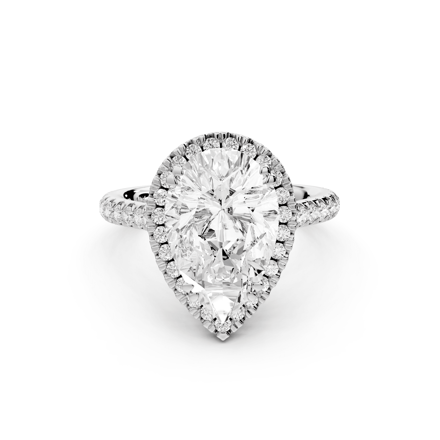 Marcella - 3ct platinum pear halo double talon prong cathedral pavé engagament ring - Mr. Alex Jewelry