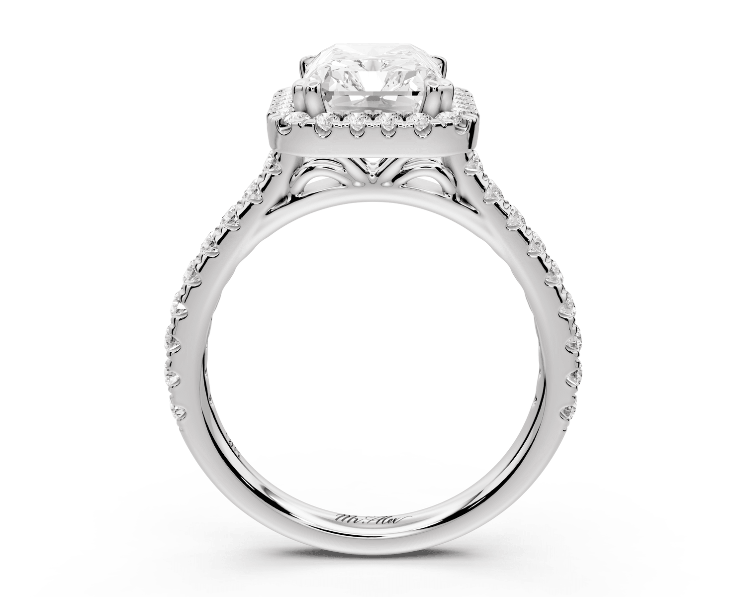 Marcella - 3ct platinum radiant halo double talon prong cathedral pavé engagement ring - Mr. Alex Jewelry