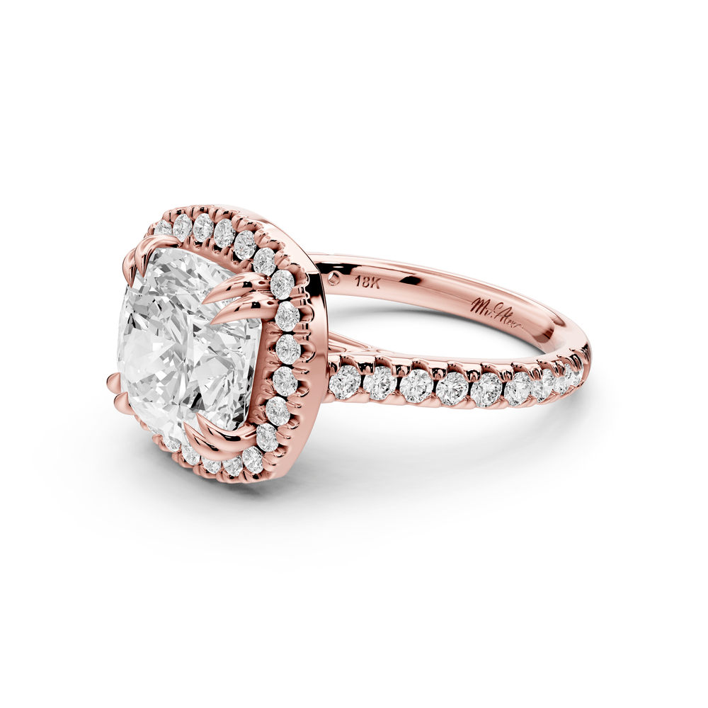 Marcella - 4ct 14k rose gold cushion halo double talon prong cathedral pavé engagement ring - Mr. Alex Jewelry