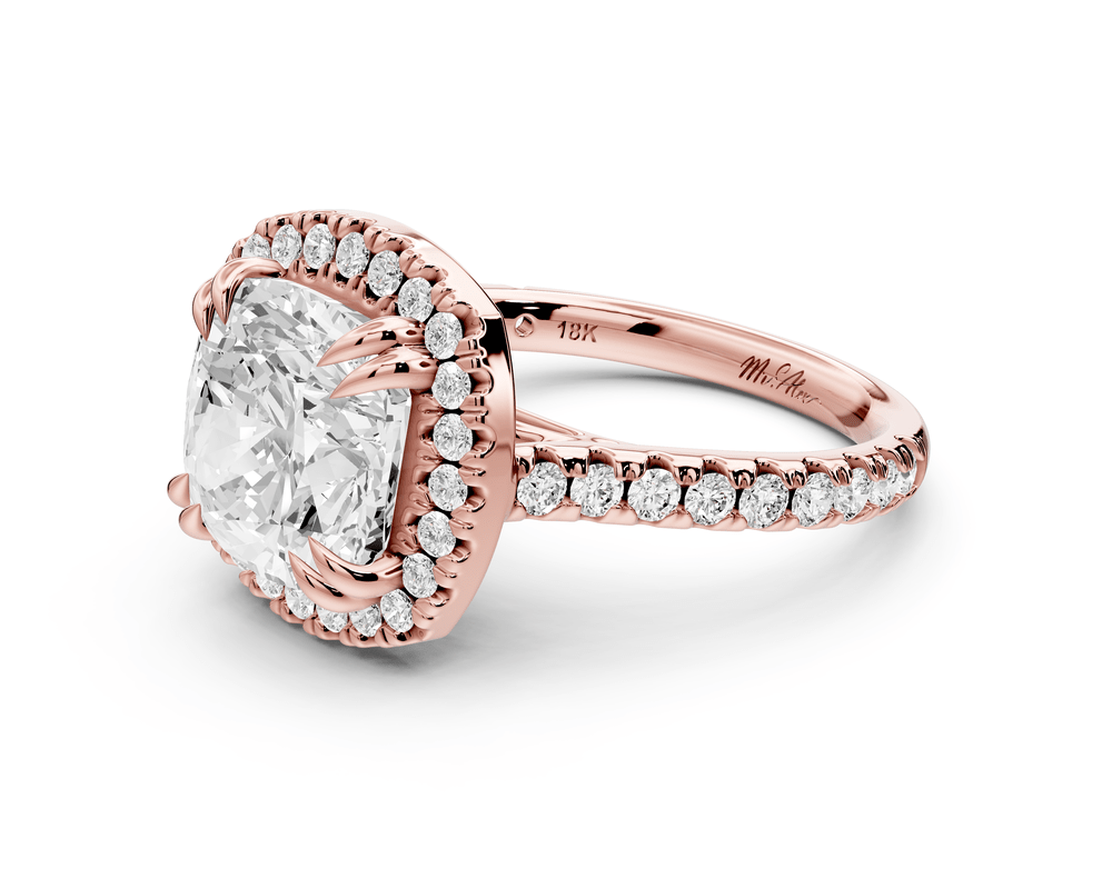 Marcella - 4ct 14k rose gold cushion halo double talon prong cathedral pavé engagement ring - Mr. Alex Jewelry