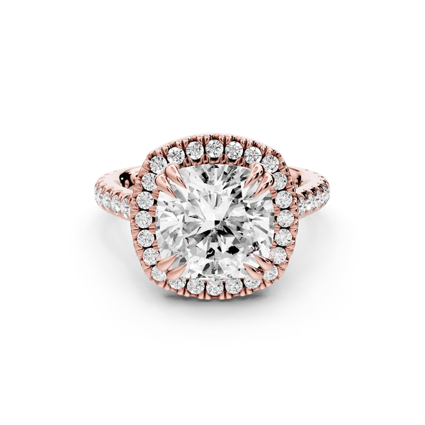 Marcella - 4ct 14k rose gold cushion halo double talon prong cathedral pavé engagement ring - Mr. Alex Jewelry