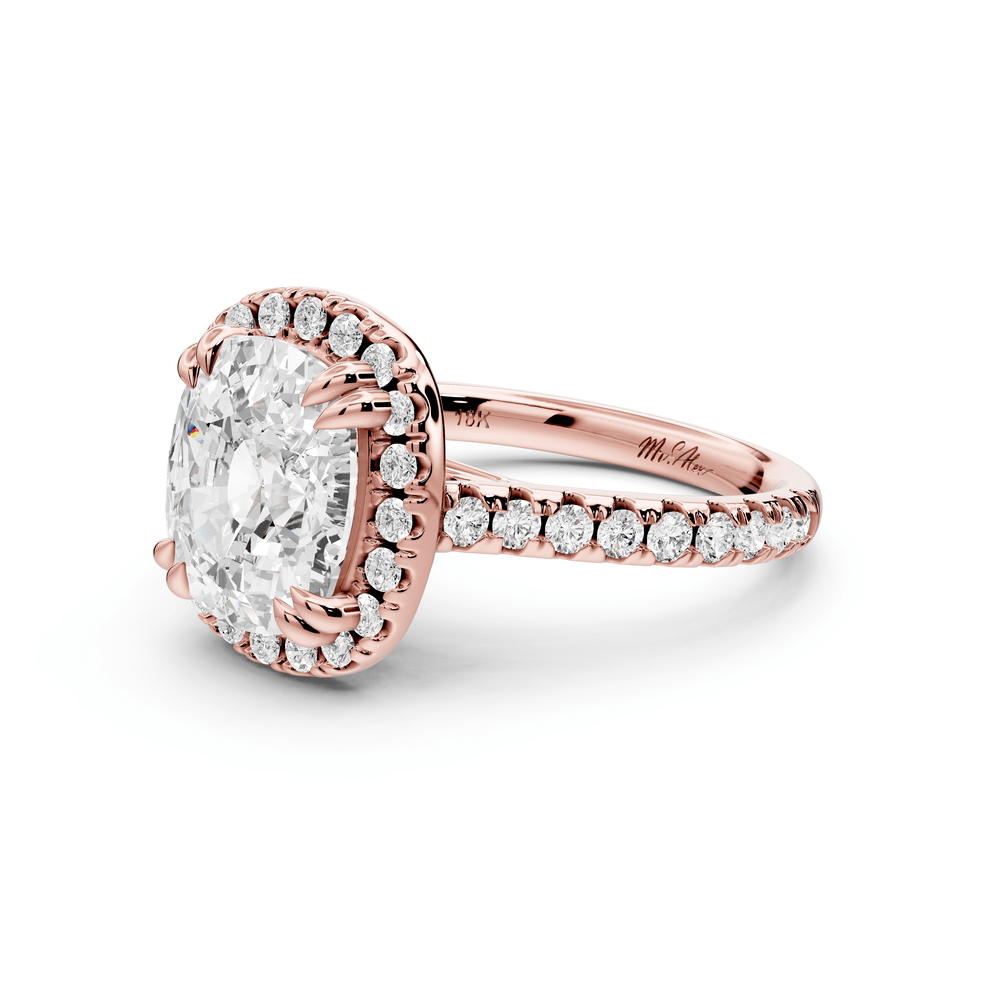 Marcella - 4ct 14k rose gold ecushion halo double talon prong cathedral pavé engagement ring - Mr. Alex Jewelry
