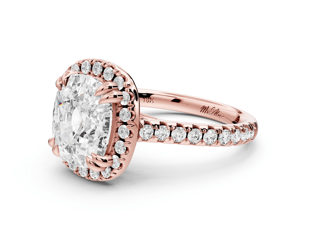 Marcella - 4ct 14k rose gold ecushion halo double talon prong cathedral pavé engagement ring - Mr. Alex Jewelry