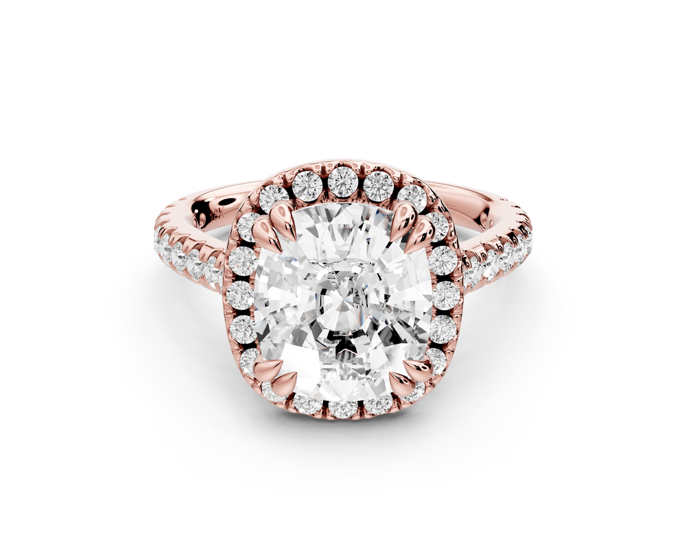 Marcella - 4ct 14k rose gold ecushion halo double talon prong cathedral pavé engagement ring - Mr. Alex Jewelry