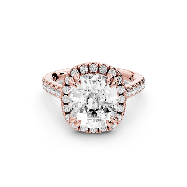 Marcella - 4ct 14k rose gold ecushion halo double talon prong cathedral pavé engagement ring - Mr. Alex Jewelry