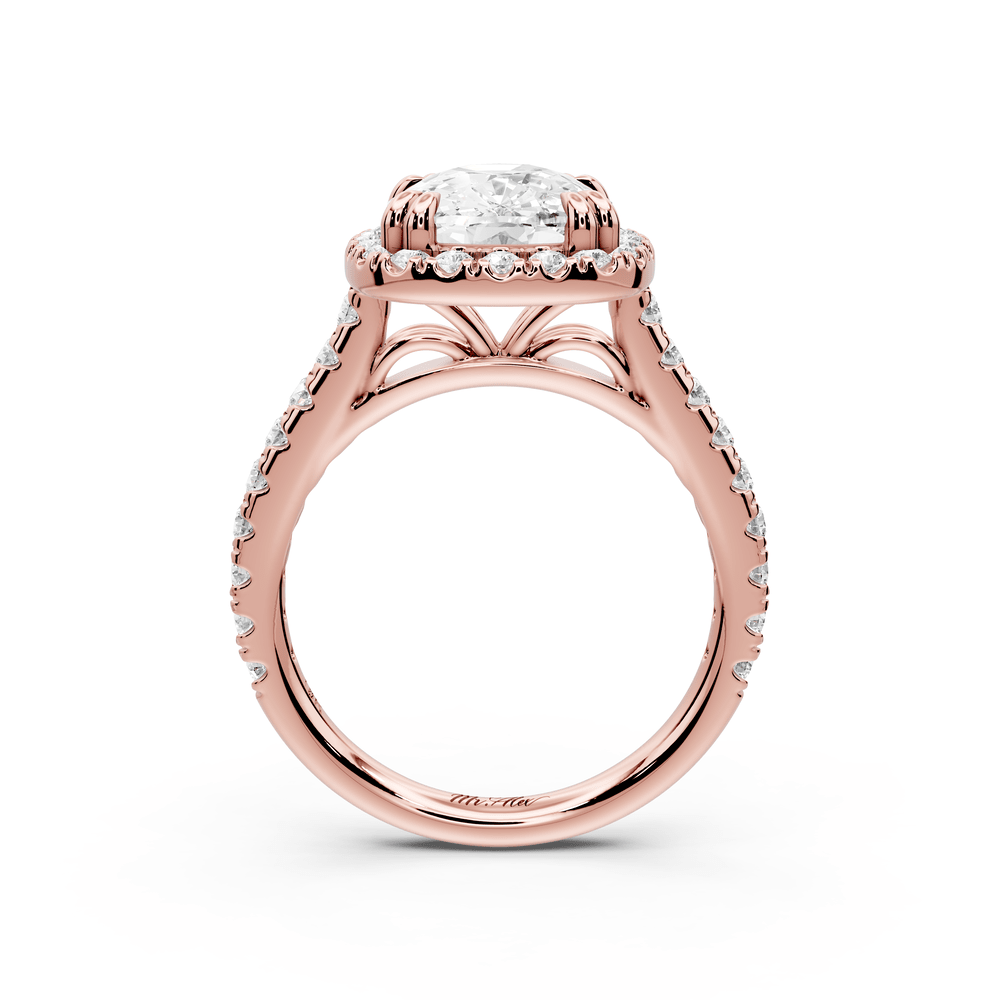 Marcella - 4ct 14k rose gold ecushion halo double talon prong cathedral pavé engagement ring - Mr. Alex Jewelry