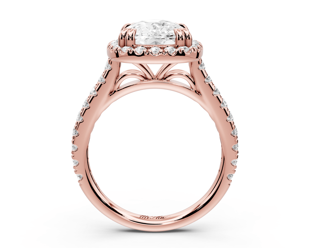 Marcella - 4ct 14k rose gold ecushion halo double talon prong cathedral pavé engagement ring - Mr. Alex Jewelry