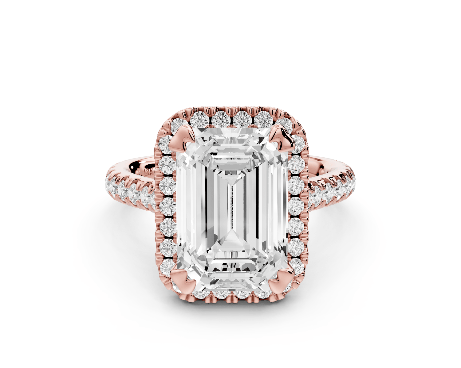 Marcella - 4ct 14k rose gold emerald halo double talon prong cathedral pavé engagament ring - Mr. Alex Jewelry